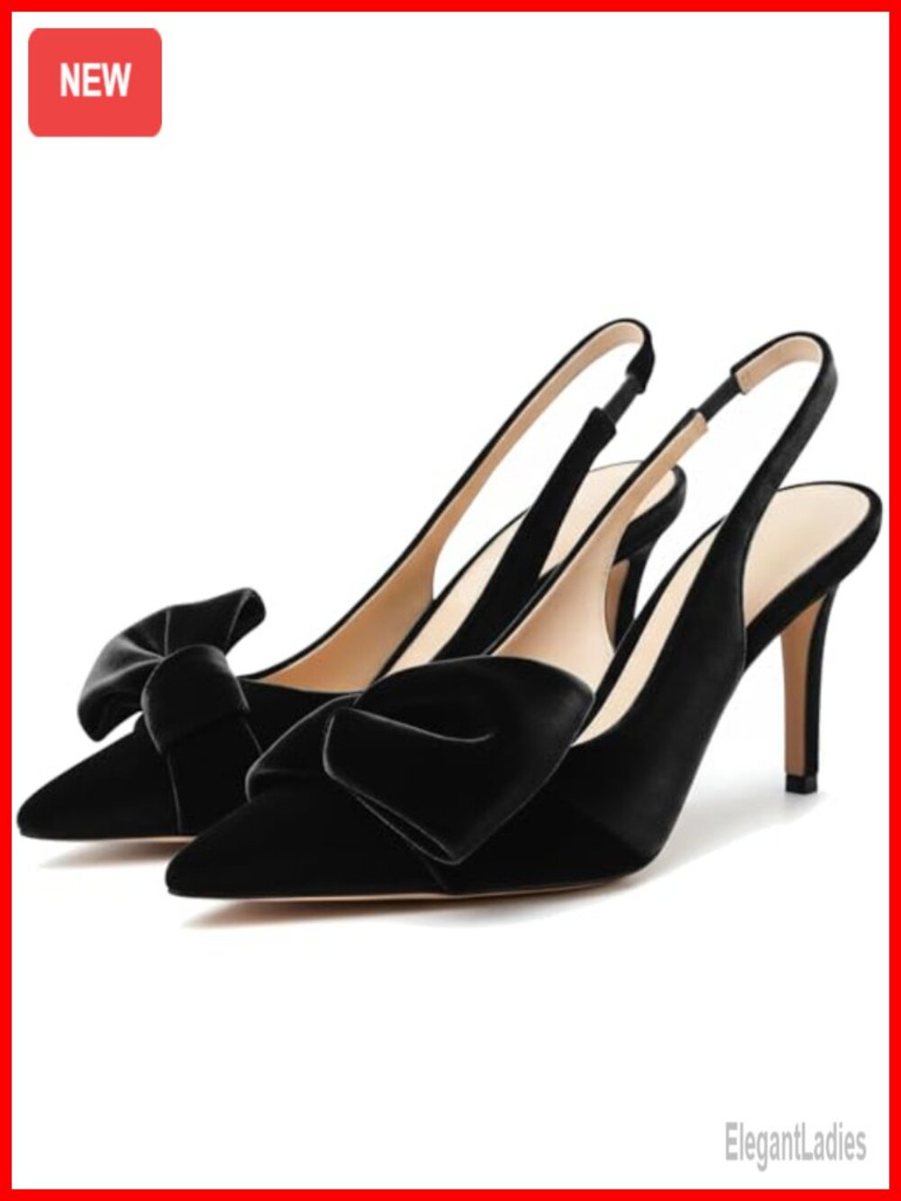Slingback Heels with Bow Pointed Toe Pumps Elasticated Strap 3.3" Heels Evening